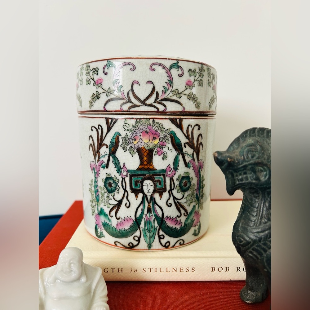 Vintage Porcelain Lidded Jar | Hand Painted Floral & Bird Chinoiserie Design - Picture 4 of 6